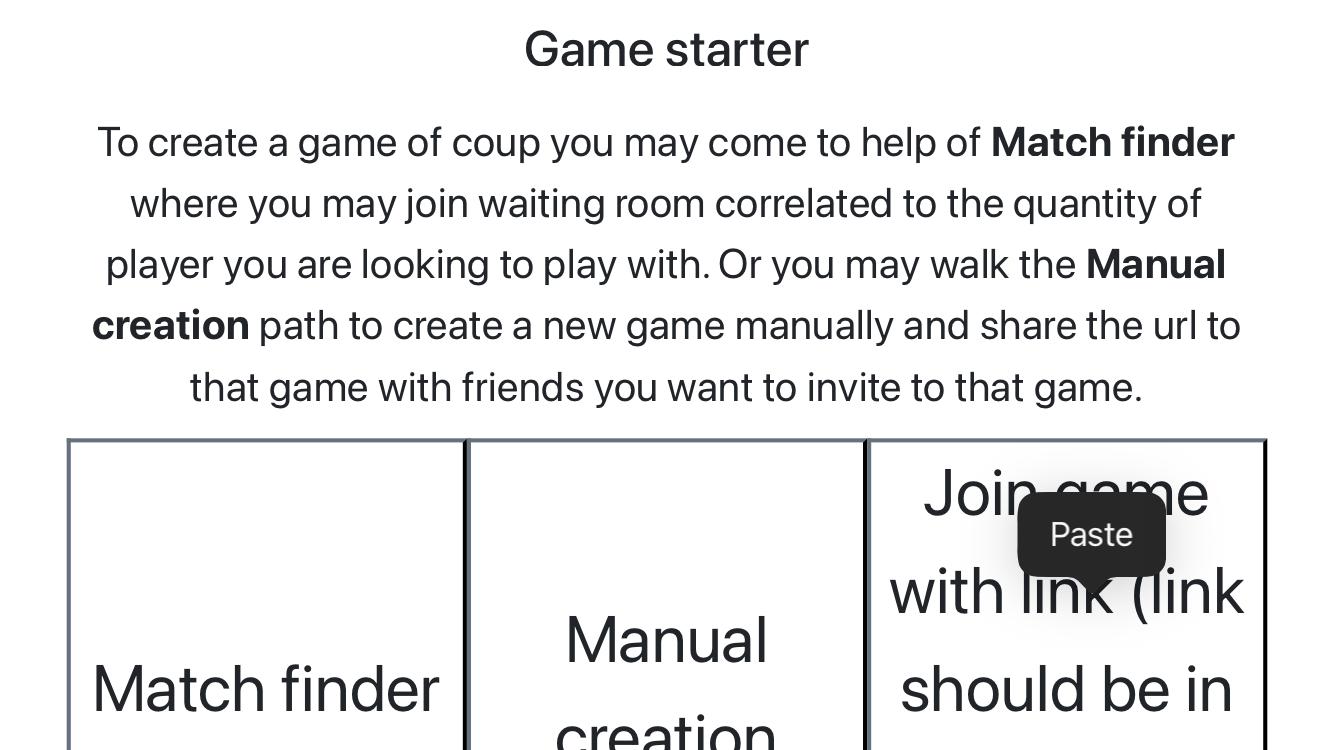 Screenshot of game starter page after player taps on
'Join game with link (link should be in your clipboard) button.